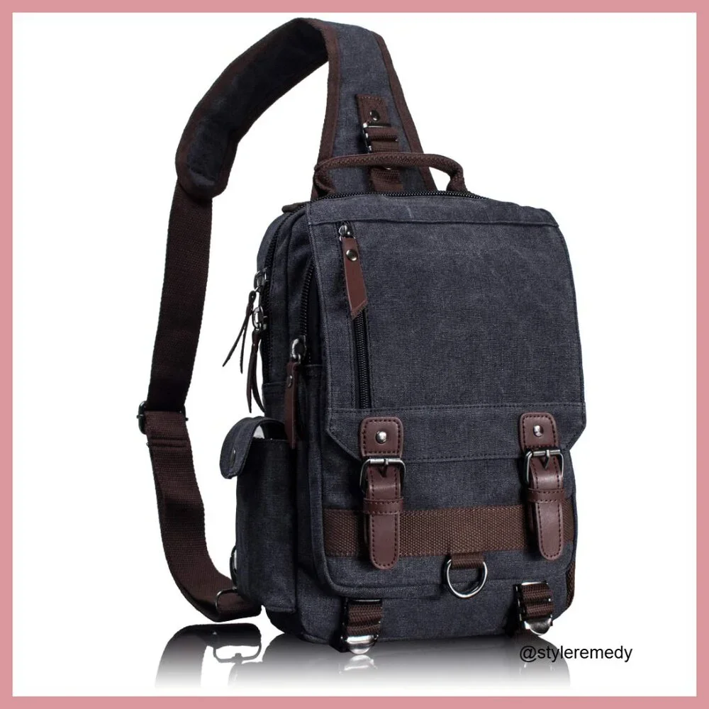Canvas Messenger Bag with PU Leather, Adjustable Crossbody Sling